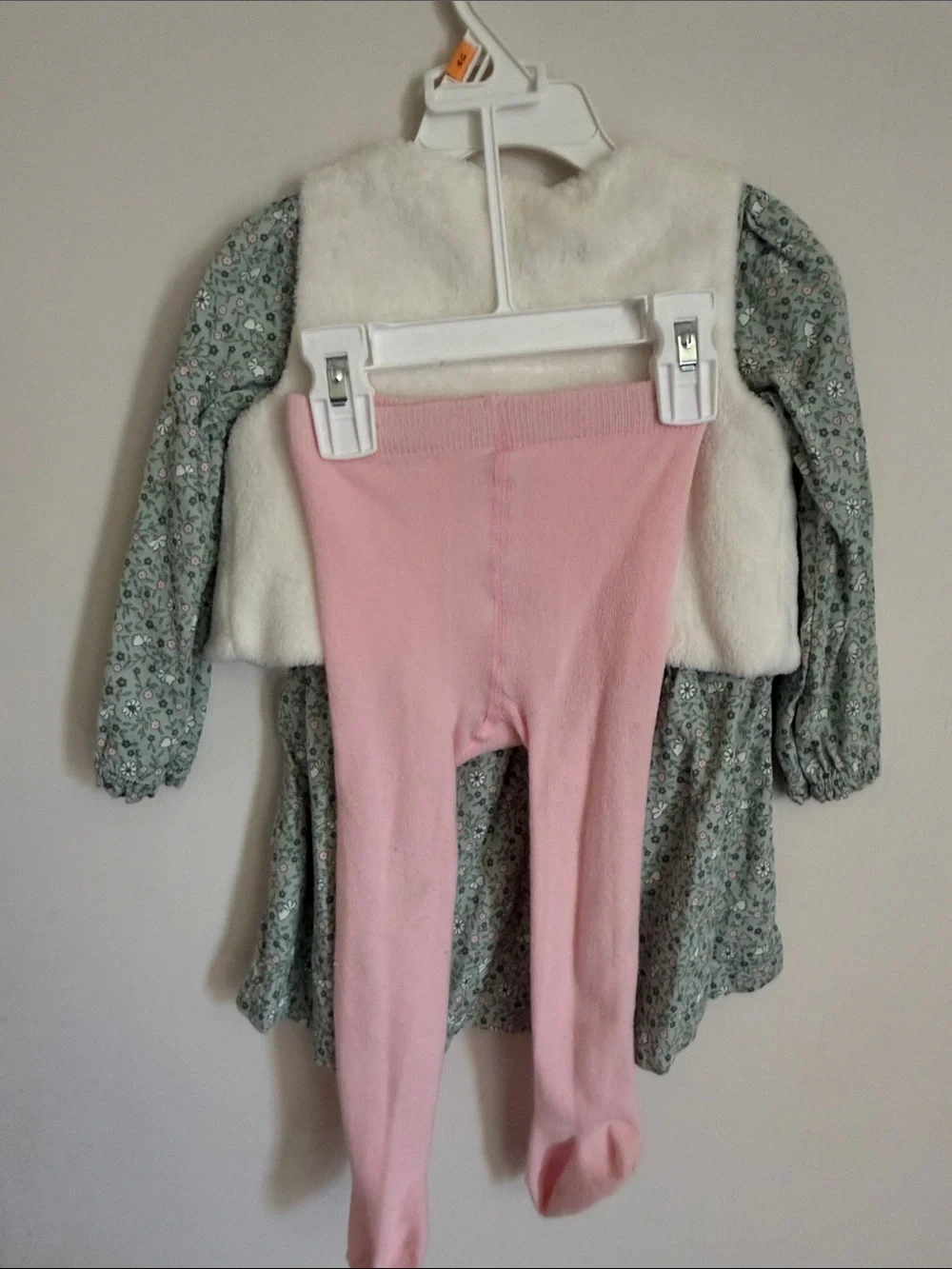 Carter's Green Floral Dress with Cream Faux Fur Vest and Pink Tights